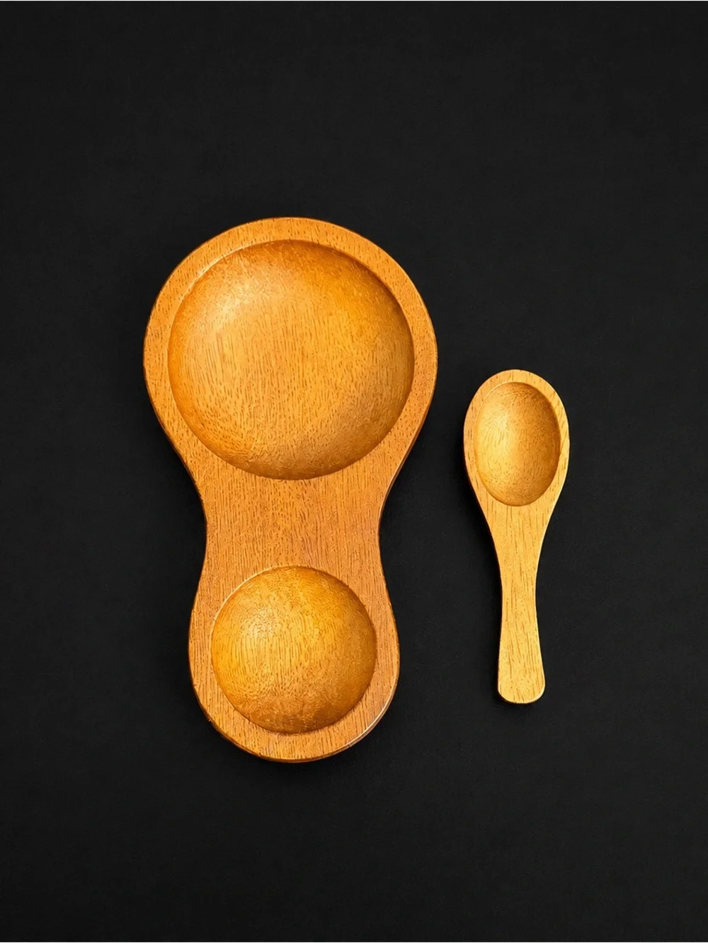 Wood Salt Pepper Cellar with Spoon Double Bowl Hand Carved Condiment Spice Dish